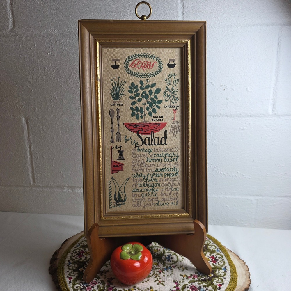 Vintage 70s Ewert Herbs for the Salad Framed Linen Wall Art Kitchen Recipe MCM